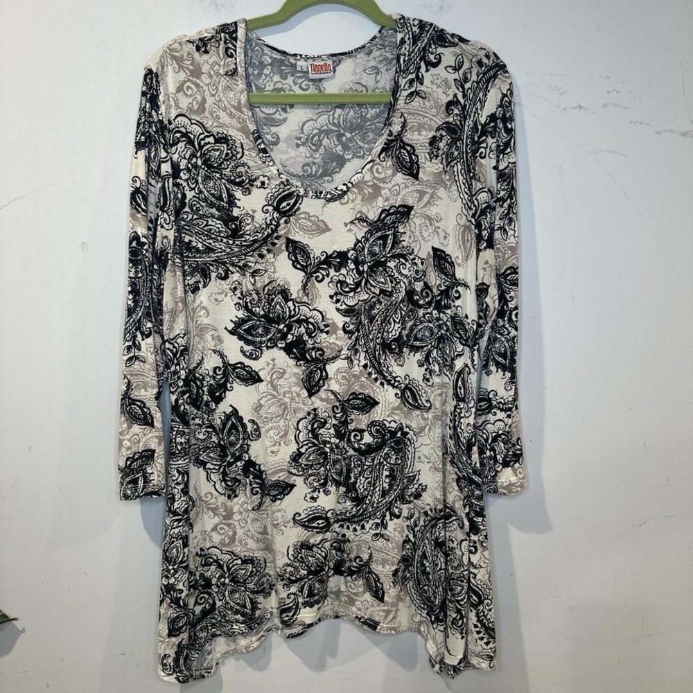 Tianello Womens Art To Wear Tunic Top  Black Ivory Neutral‎ Slinky Swing LARGE